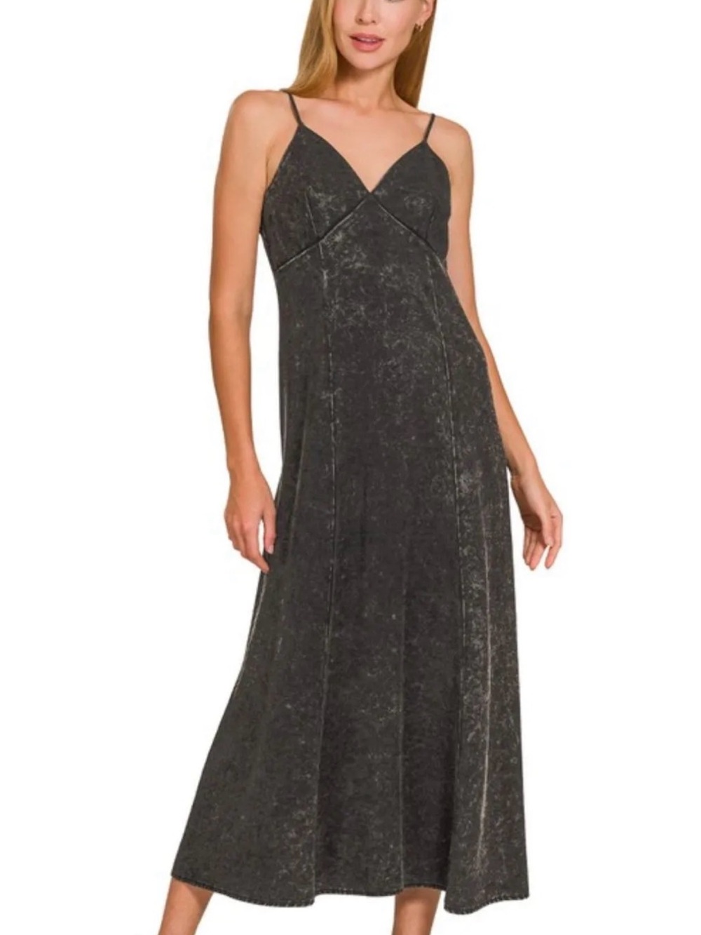 Zenana Tencel Ash Black Mineral Wash Flowy Maxi Dress NEW Size Small